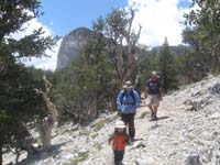 40-Kenny_Mommy_Joel_and_Sierra(in_pack)-hiking_through_Bristlecones_with_Mummy's_Toe_in_background